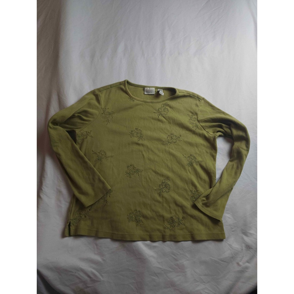 Classic Elements Olive Green Floral Embroidered Long Sleeve Top Womens Medium‎
